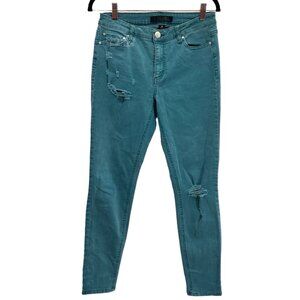Tinseltown Denim Couture Distressed Teal Stretch Skinny Jeans Size 28
